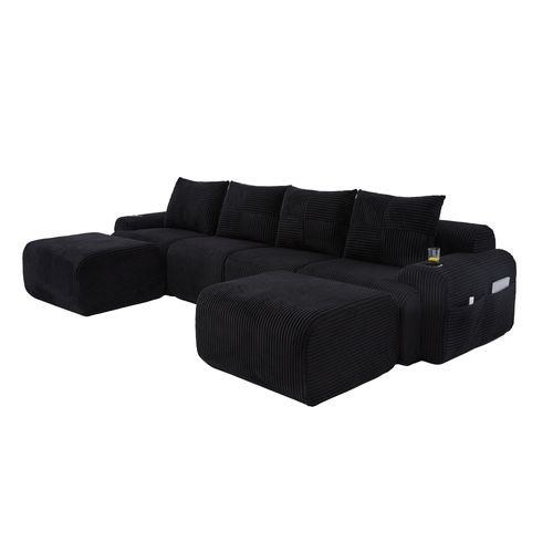 Canapé Modulable 4 Places Avec 2 Poufs, Porte-gobelet Et Poche Latérale, Velours Côtelé Noir
