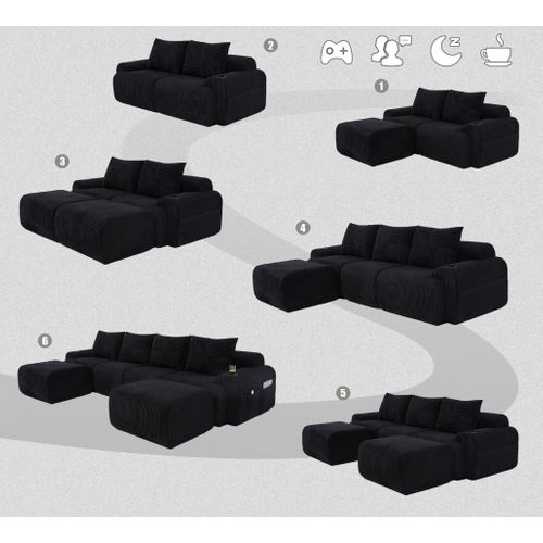 Canapé Modulable 4 Places Avec 2 Poufs, Porte-gobelet Et Poche Latérale, Velours Côtelé Noir