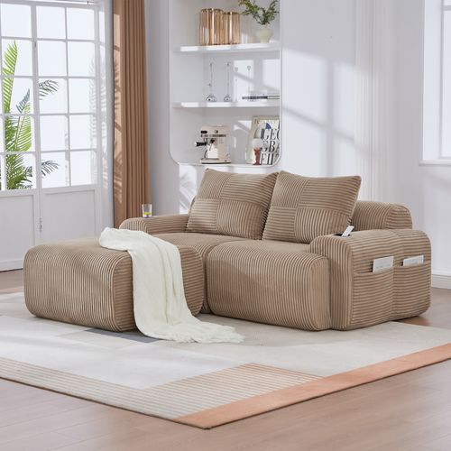 Canapé Modulable 2 Places Avec Pouf, Porte-gobelet Et Poche Latérale, Velours Côtelé Kaki
