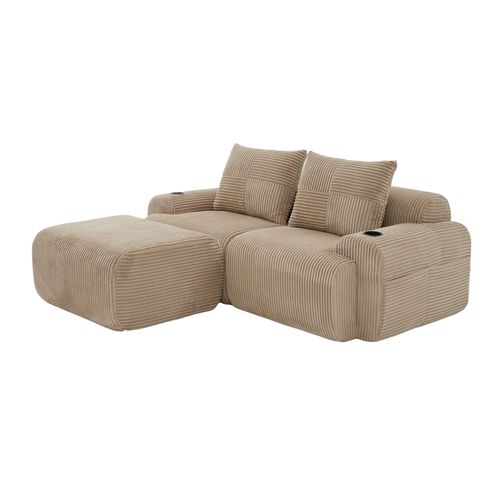 Canapé Modulable 2 Places Avec Pouf, Porte-gobelet Et Poche Latérale, Velours Côtelé Kaki