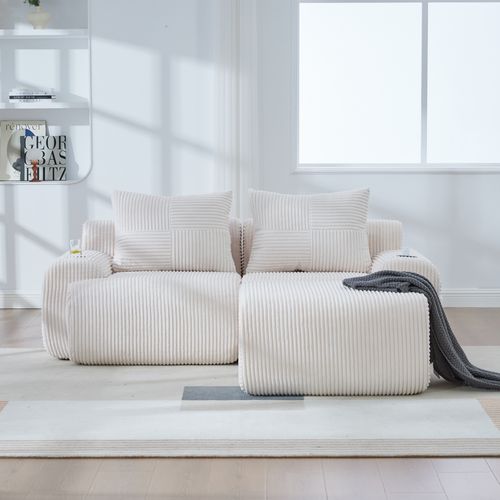 Canapé Modulable 2 Places Avec Pouf, Porte-gobelet Et Poche Latérale, Velours Côtelé Beige