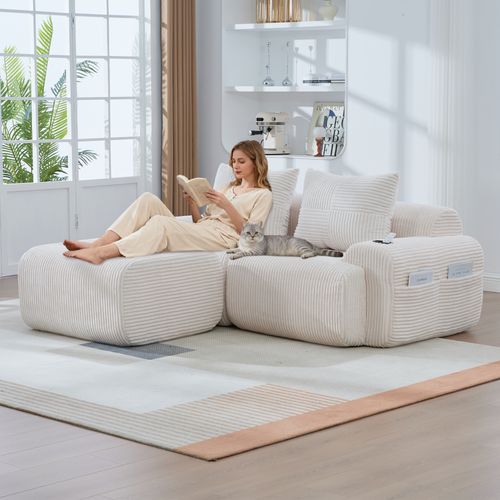 Canapé Modulable 2 Places Avec Pouf, Porte-gobelet Et Poche Latérale, Velours Côtelé Beige