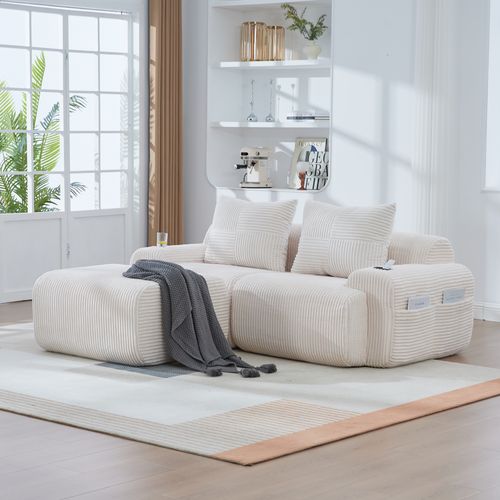 Canapé Modulable 2 Places Avec Pouf, Porte-gobelet Et Poche Latérale, Velours Côtelé Beige