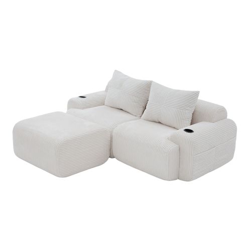 Canapé Modulable 2 Places Avec Pouf, Porte-gobelet Et Poche Latérale, Velours Côtelé Beige