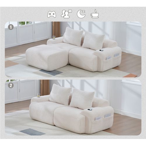Canapé Modulable 2 Places Avec Pouf, Porte-gobelet Et Poche Latérale, Velours Côtelé Beige