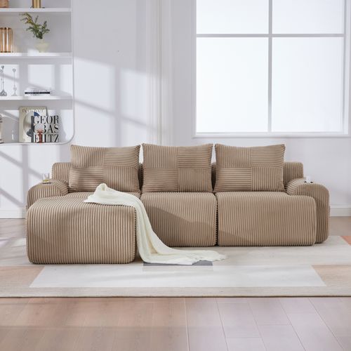 Canapé Modulable 3 Places Avec Pouf, Porte-gobelet Et Poche Latérale, Velours Côtelé Kaki