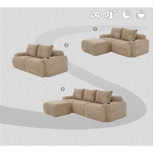 Canapé Modulable 3 Places Avec Pouf, Porte-gobelet Et Poche Latérale, Velours Côtelé Kaki