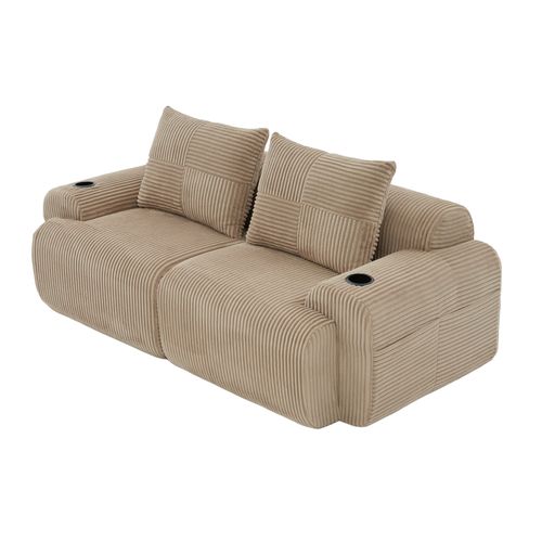 Canapé Droit 2 Places Avec Rangement Latéral Et Porte-gobelet, Velours Côtelé Kaki