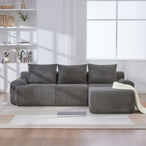 Canapé Modulable 3 Places Avec Pouf, Porte-gobelet Et Poche Latérale, Velours Côtelé Gris Foncé
