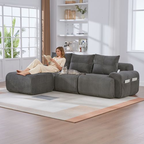 Canapé Modulable 3 Places Avec Pouf, Porte-gobelet Et Poche Latérale, Velours Côtelé Gris Foncé