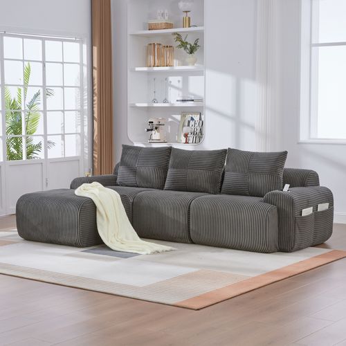 Canapé Modulable 3 Places Avec Pouf, Porte-gobelet Et Poche Latérale, Velours Côtelé Gris Foncé