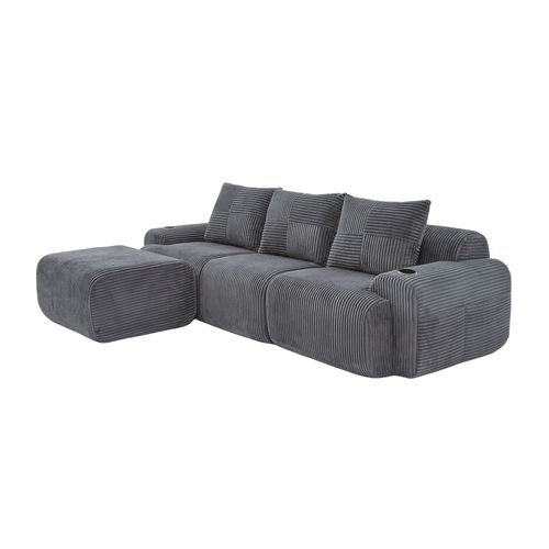 Canapé Modulable 3 Places Avec Pouf, Porte-gobelet Et Poche Latérale, Velours Côtelé Gris Foncé