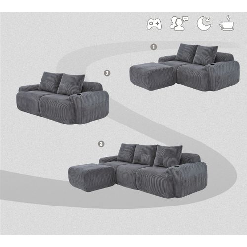 Canapé Modulable 3 Places Avec Pouf, Porte-gobelet Et Poche Latérale, Velours Côtelé Gris Foncé