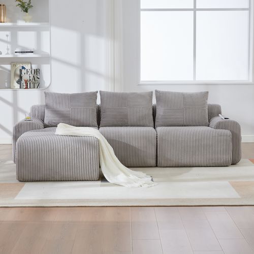Canapé Modulable 3 Places Avec Pouf, Porte-gobelet Et Poche Latérale, Velours Côtelé Gris Clair