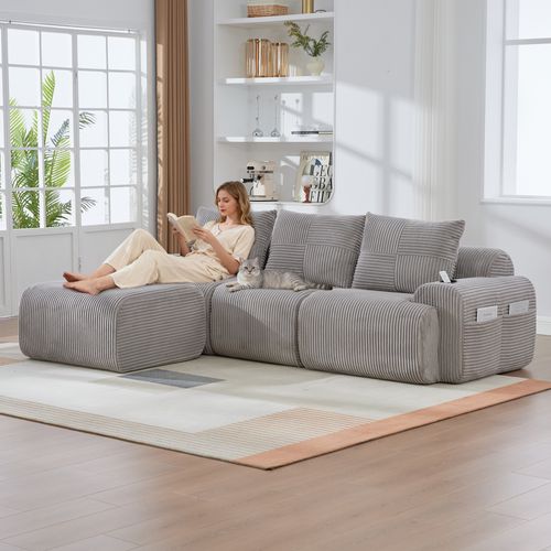 Canapé Modulable 3 Places Avec Pouf, Porte-gobelet Et Poche Latérale, Velours Côtelé Gris Clair