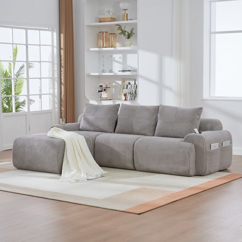 Canapé Modulable 3 Places Avec Pouf, Porte-gobelet Et Poche Latérale, Velours Côtelé Gris Clair