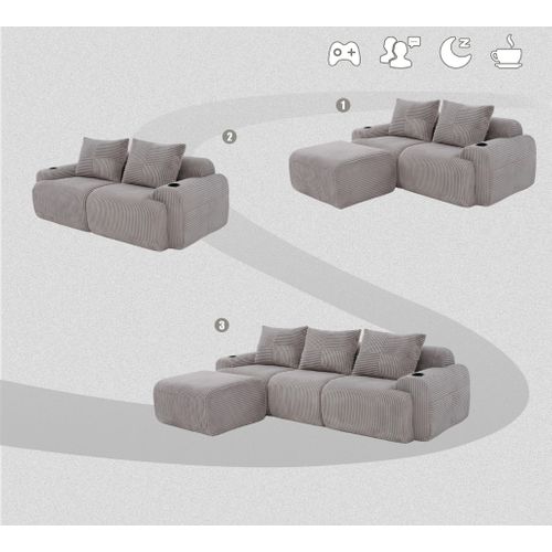 Canapé Modulable 3 Places Avec Pouf, Porte-gobelet Et Poche Latérale, Velours Côtelé Gris Clair