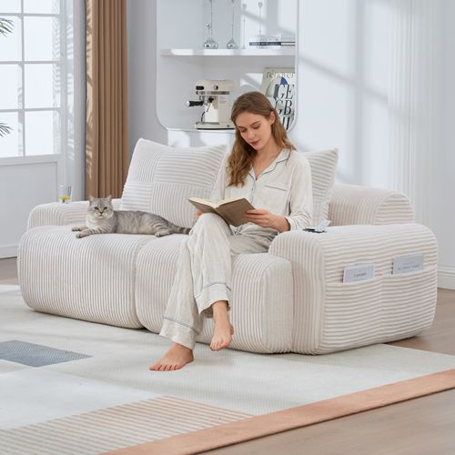 Canapé Droit 2 Places Avec Rangement Latéral Et Porte-gobelet, Velours Côtelé Beige