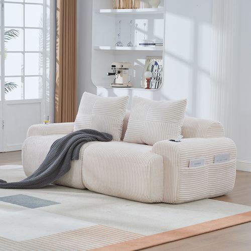 Canapé Droit 2 Places Avec Rangement Latéral Et Porte-gobelet, Velours Côtelé Beige