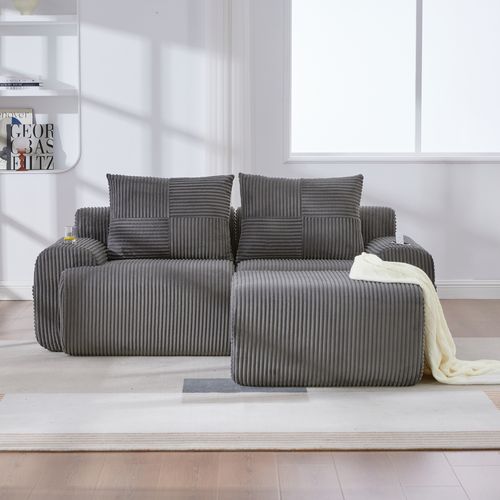 Canapé Modulable 2 Places Avec Pouf, Porte-gobelet Et Poche Latérale, Velours Côtelé Gris Foncé