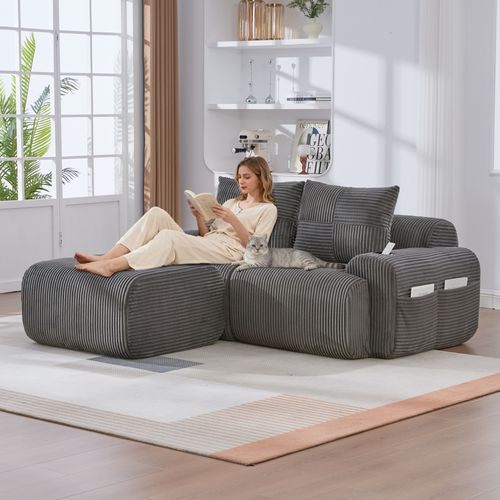 Canapé Modulable 2 Places Avec Pouf, Porte-gobelet Et Poche Latérale, Velours Côtelé Gris Foncé
