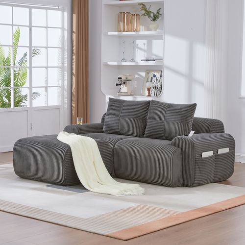 Canapé Modulable 2 Places Avec Pouf, Porte-gobelet Et Poche Latérale, Velours Côtelé Gris Foncé
