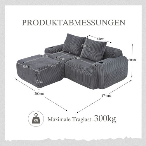 Canapé Modulable 2 Places Avec Pouf, Porte-gobelet Et Poche Latérale, Velours Côtelé Gris Foncé