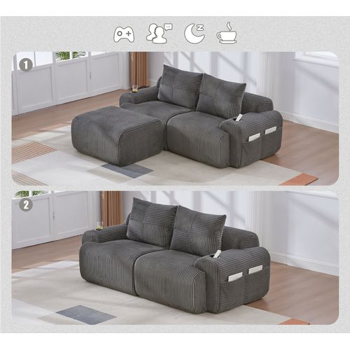 Canapé Modulable 2 Places Avec Pouf, Porte-gobelet Et Poche Latérale, Velours Côtelé Gris Foncé