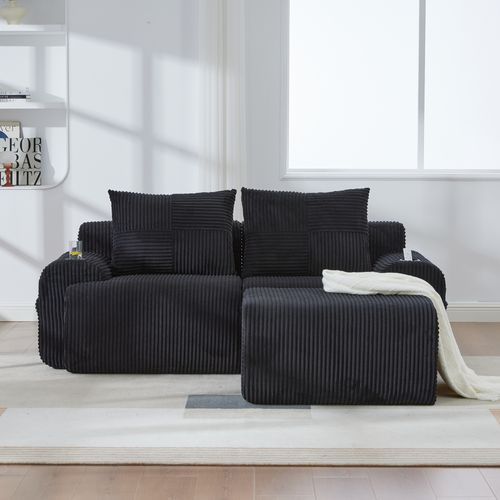 Canapé Modulable 2 Places Avec Pouf, Porte-gobelet Et Poche Latérale, Velours Côtelé Noir