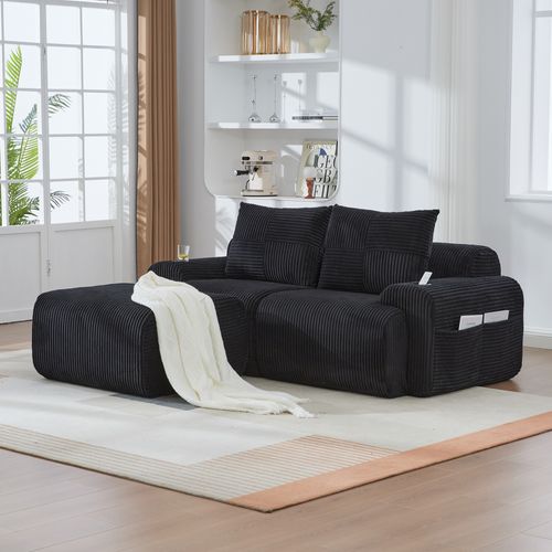 Canapé Modulable 2 Places Avec Pouf, Porte-gobelet Et Poche Latérale, Velours Côtelé Noir