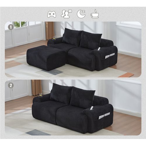 Canapé Modulable 2 Places Avec Pouf, Porte-gobelet Et Poche Latérale, Velours Côtelé Noir