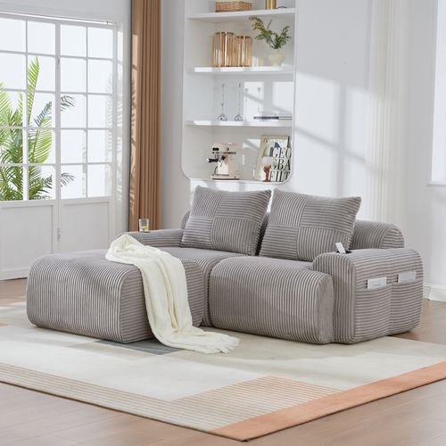 Canapé Modulable 2 Places Avec Pouf, Porte-gobelet Et Poche Latérale, Velours Côtelé Gris Clair