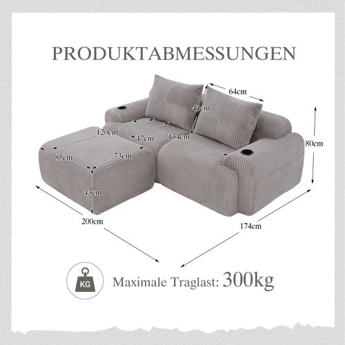 Canapé Modulable 2 Places Avec Pouf, Porte-gobelet Et Poche Latérale, Velours Côtelé Gris Clair