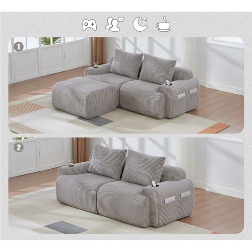Canapé Modulable 2 Places Avec Pouf, Porte-gobelet Et Poche Latérale, Velours Côtelé Gris Clair