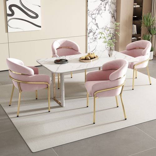 Chaises De Salle à Manger Lot De 4, Assise Confortable, Style Moderne, Pieds Métal, Velours Rose