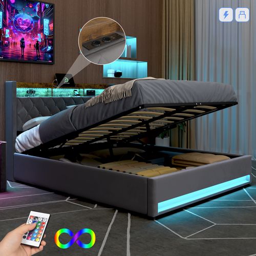 Lit Coffre 180x200 Cm - Velours Capitonné Avec Rangement Hydraulique, LED Et USB - Gris