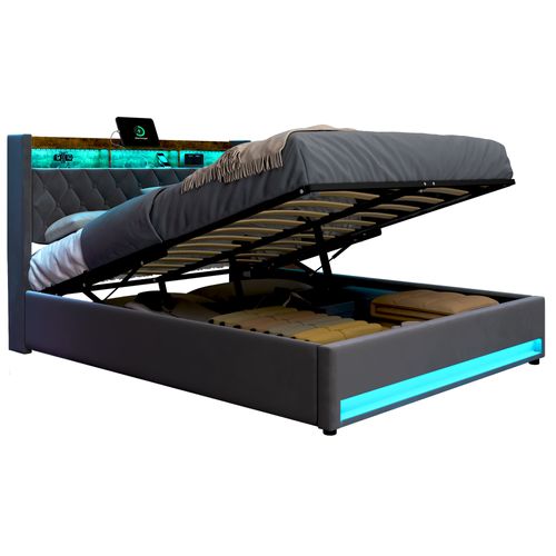 Lit Coffre 180x200 Cm - Velours Capitonné Avec Rangement Hydraulique, LED Et USB - Gris