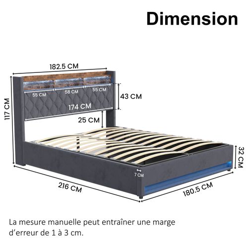 Lit Coffre 180x200 Cm - Velours Capitonné Avec Rangement Hydraulique, LED Et USB - Gris