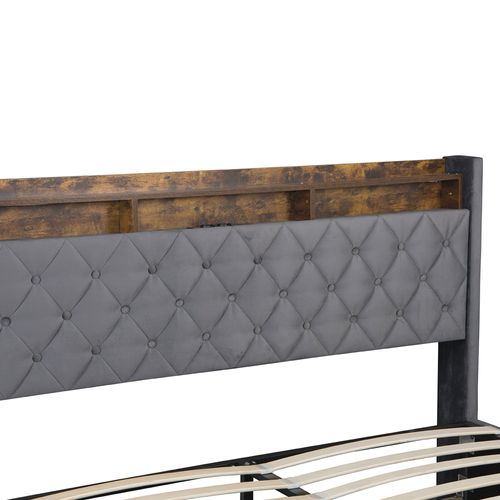 Lit Coffre 180x200 Cm - Velours Capitonné Avec Rangement Hydraulique, LED Et USB - Gris