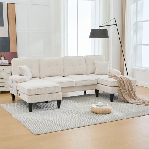 Canapé D’angle 4 Places Avec 2 Méridiennes, Dossier Ergonomique, Coussins, Velours Côtelé, Beige