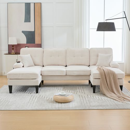 Canapé D’angle 4 Places Avec 2 Méridiennes, Dossier Ergonomique, Coussins, Velours Côtelé, Beige