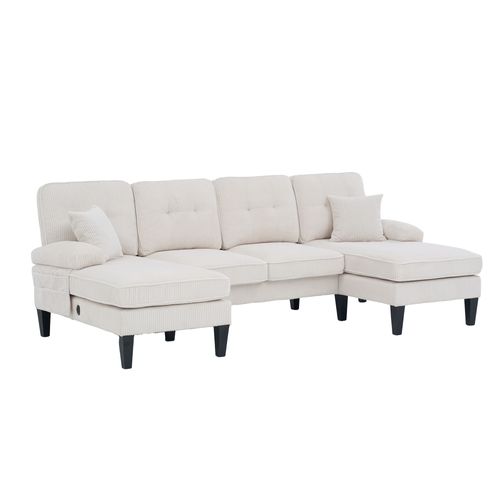 Canapé D’angle 4 Places Avec 2 Méridiennes, Dossier Ergonomique, Coussins, Velours Côtelé, Beige