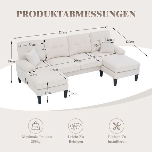 Canapé D’angle 4 Places Avec 2 Méridiennes, Dossier Ergonomique, Coussins, Velours Côtelé, Beige