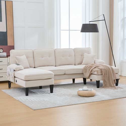 Canapé D’angle 4 Places Avec 2 Méridiennes, Dossier Ergonomique, Coussins, Lin, Beige