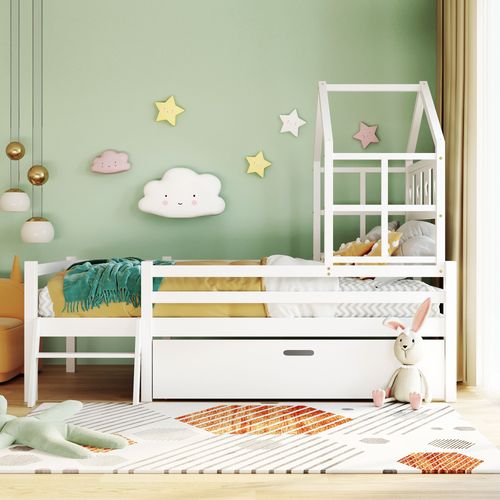 Lit Cabane Enfant 90x200 Cm, 1 Grand Tiroir De Rangement, Barrière 28 Cm, Bois, Blanc, Échelle