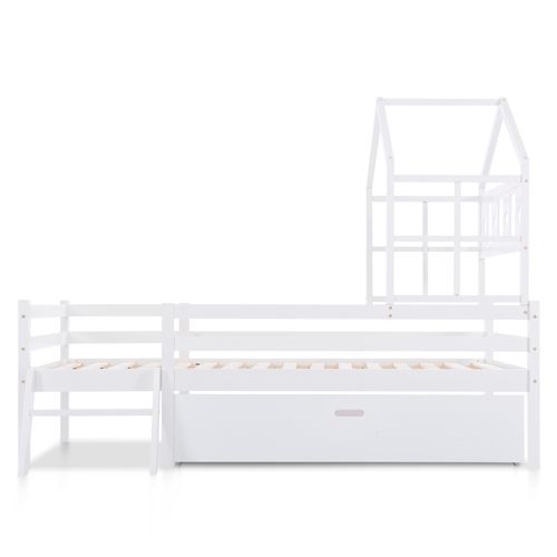 Lit Cabane Enfant 90x200 Cm, 1 Grand Tiroir De Rangement, Barrière 28 Cm, Bois, Blanc, Échelle