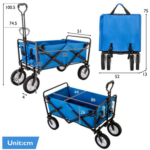 Chariot Pliant 96 L, Roues Tout Terrain 360 Degrés, Acier Et Tissu 600d, Poignée Réglable, Bleu