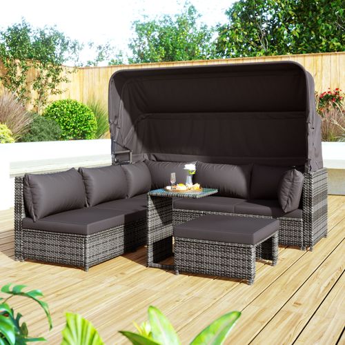 Salon De Jardin Modulable, 194x128x140 Cm, Auvent Pliable, Polyrotin, Métal, Gris