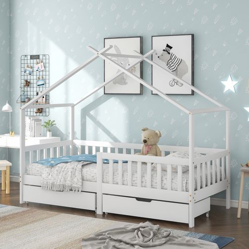 Lit Cabane Enfant 90x200 Cm, Forme De Maison, 2 Tiroirs De Rangement, Structure En Bois, Blanc
