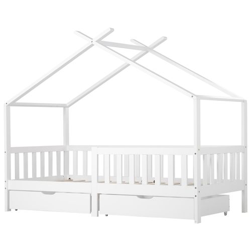 Lit Cabane Enfant 90x200 Cm, Forme De Maison, 2 Tiroirs De Rangement, Structure En Bois, Blanc